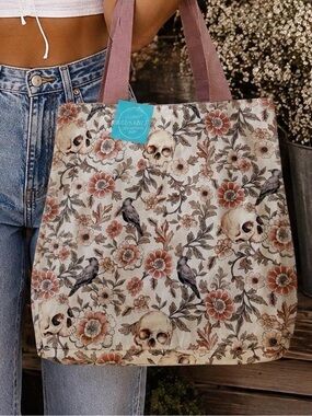NWT Floral Skull & Raven Reusable Shopping Tote Bag | Gothic Cottagecore Canvas